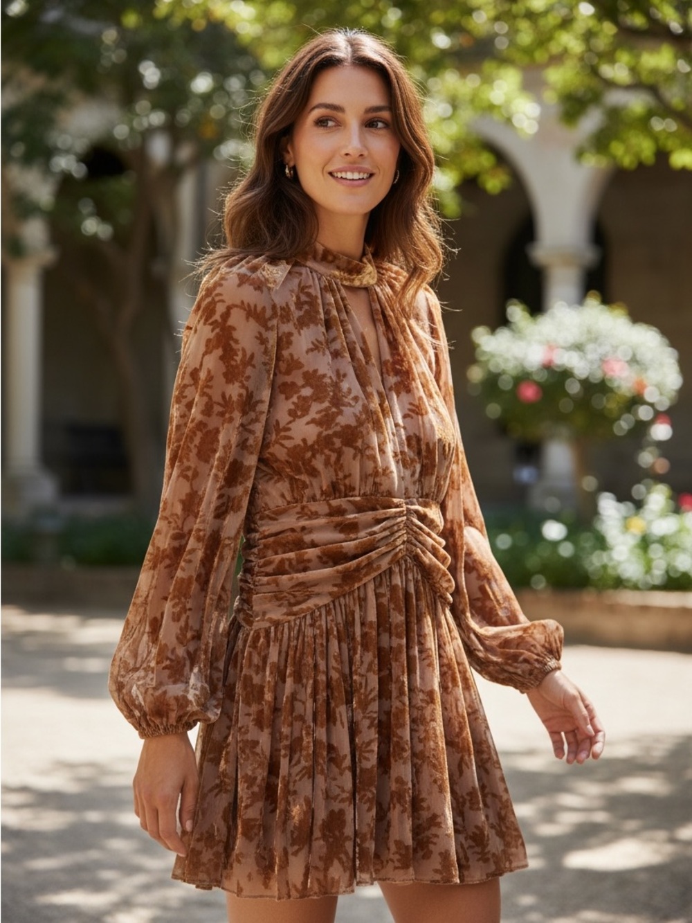 Parker Brown Floral Velvet Long-Sleeve Mini Dress